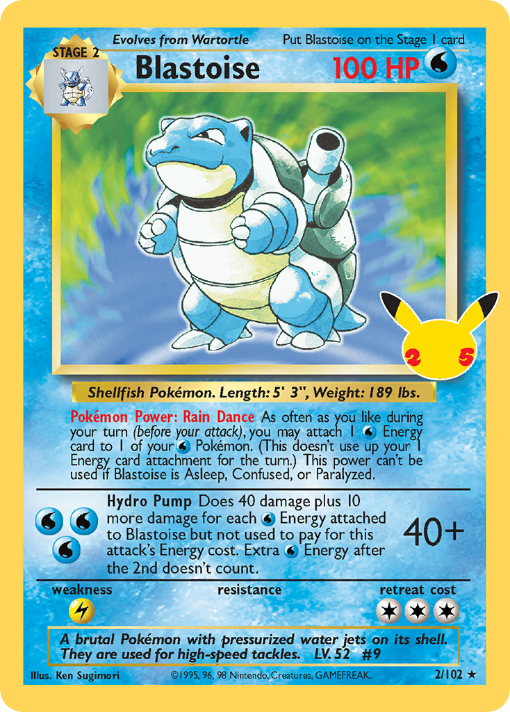 Blastoise 2/102 Celebrations Near Mint Classic Collection Holo Pokémon Karte