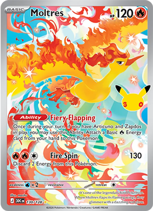 Moltres 130/128 30th Celebration Near Mint Holo Pokémon Karte