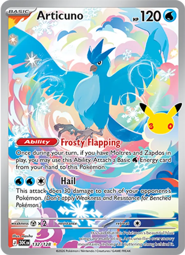 Articuno 132/128 30th Celebration Mint Full Art Pokémon Karte